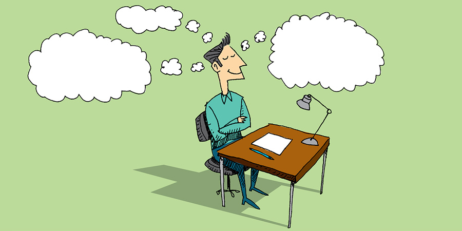 Cartoon Image of a Man sitting at a desk thinking