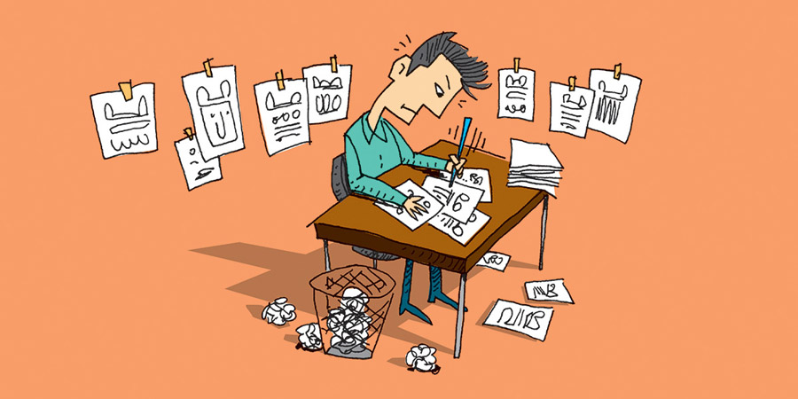 Cartoon Image of a Man sitting at a desk actively creating on paper
